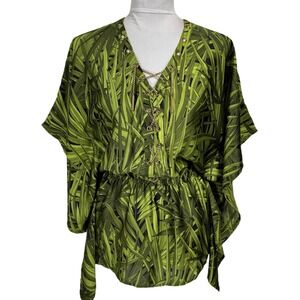 Michael‎ Kors Tropical Kimono Kaftan Tunic Top Size XS Green Gold Chain V-neck